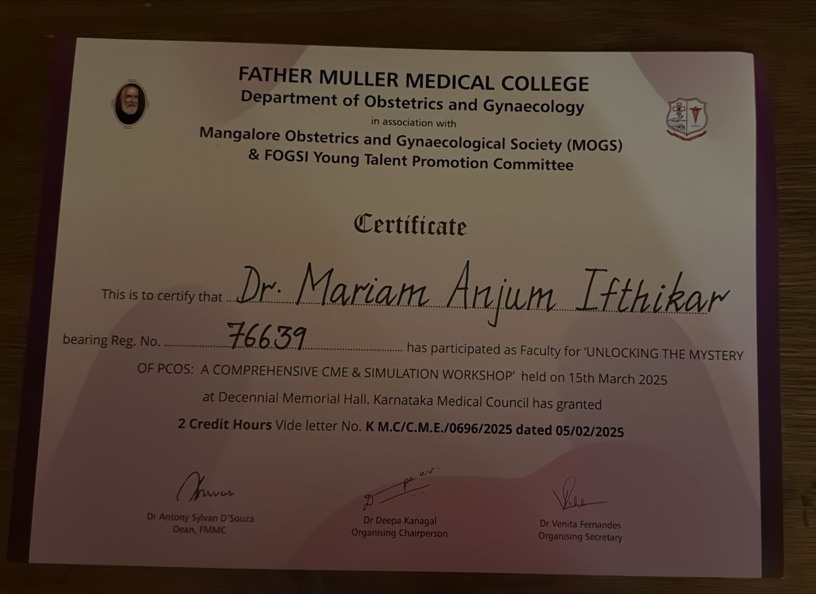 Dr. Mariam Anjum — Father Muller — Certificate